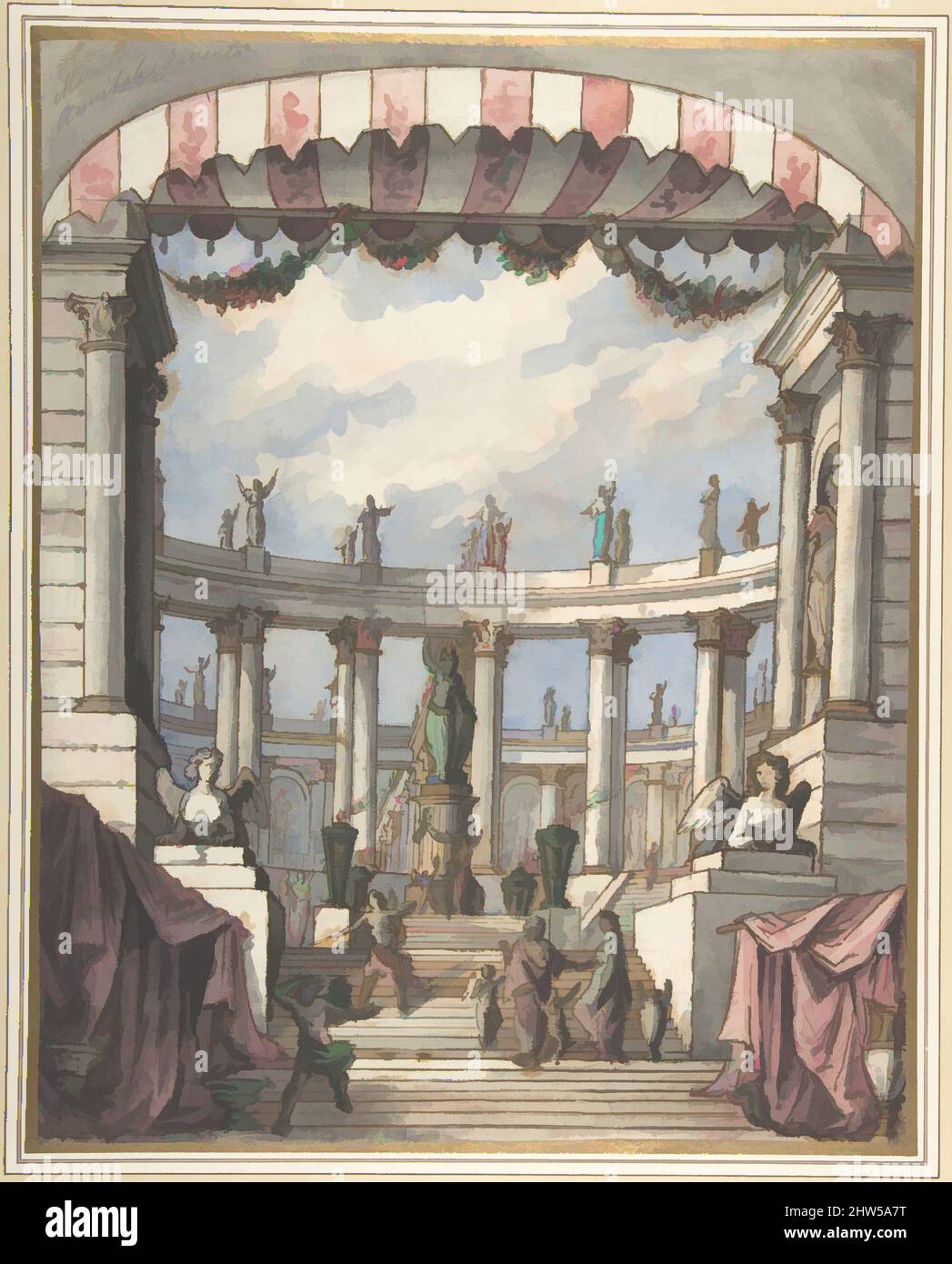 Art inspired by Design for a Stage Set: A Classical Courtyard and Colonnade with a Statue of Minerva, 1780–90, Pen and brown ink, brush with gray, blue, green and pink watercolor, over graphite or lead, on cream laid paper, 17-3/8 x 12-3/8 in. (44.2 x 31.5 cm), Drawings, Leonardo, Classic works modernized by Artotop with a splash of modernity. Shapes, color and value, eye-catching visual impact on art. Emotions through freedom of artworks in a contemporary way. A timeless message pursuing a wildly creative new direction. Artists turning to the digital medium and creating the Artotop NFT Stock Photo