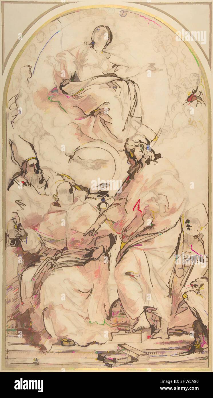 Art inspired by The Virgin Immaculate with the Four Doctors of the Church, Study for the Dispute over the Immaculate Conception, 1625–1713, Pen and brown ink, red chalk, and a trace of brush and red wash, 17-15/16 x 10-1/8 in. (45.6 x 25.7 cm), Drawings, Carlo Maratti (Italian, Classic works modernized by Artotop with a splash of modernity. Shapes, color and value, eye-catching visual impact on art. Emotions through freedom of artworks in a contemporary way. A timeless message pursuing a wildly creative new direction. Artists turning to the digital medium and creating the Artotop NFT Stock Photo