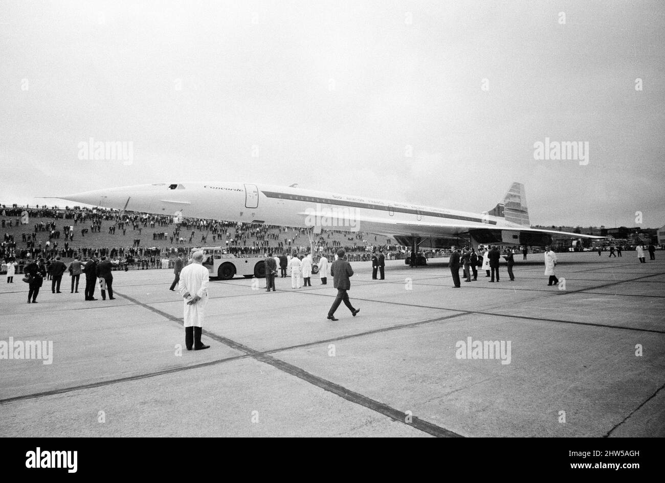 Concorde prototype 002 makes its first official public appearance in the UK as it is towed from its hanger at Filton in Bristol, Thursday 12th September 1968. Stock Photo