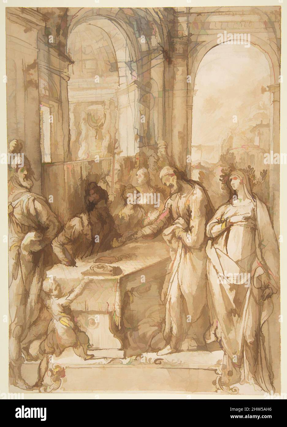 Art inspired by Esther and Mordecai before King Ahasuerus (Esther 8:1- 12), 1536/7–1615, Pen and brown ink, brush and brown wash, over black chalk, 12 7/16 x 8 13/16in. (31.6 x 22.4cm), Drawings, Giovanni de' Vecchi (Italian, Borgo Sansepolcro 1536/37–1615 Rome, Classic works modernized by Artotop with a splash of modernity. Shapes, color and value, eye-catching visual impact on art. Emotions through freedom of artworks in a contemporary way. A timeless message pursuing a wildly creative new direction. Artists turning to the digital medium and creating the Artotop NFT Stock Photo