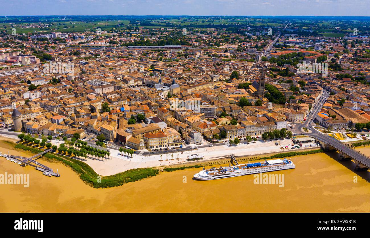 Panoramic view from the drone on the city Libourne. Confluence of the river Ile and Dordogne. Stock Photo