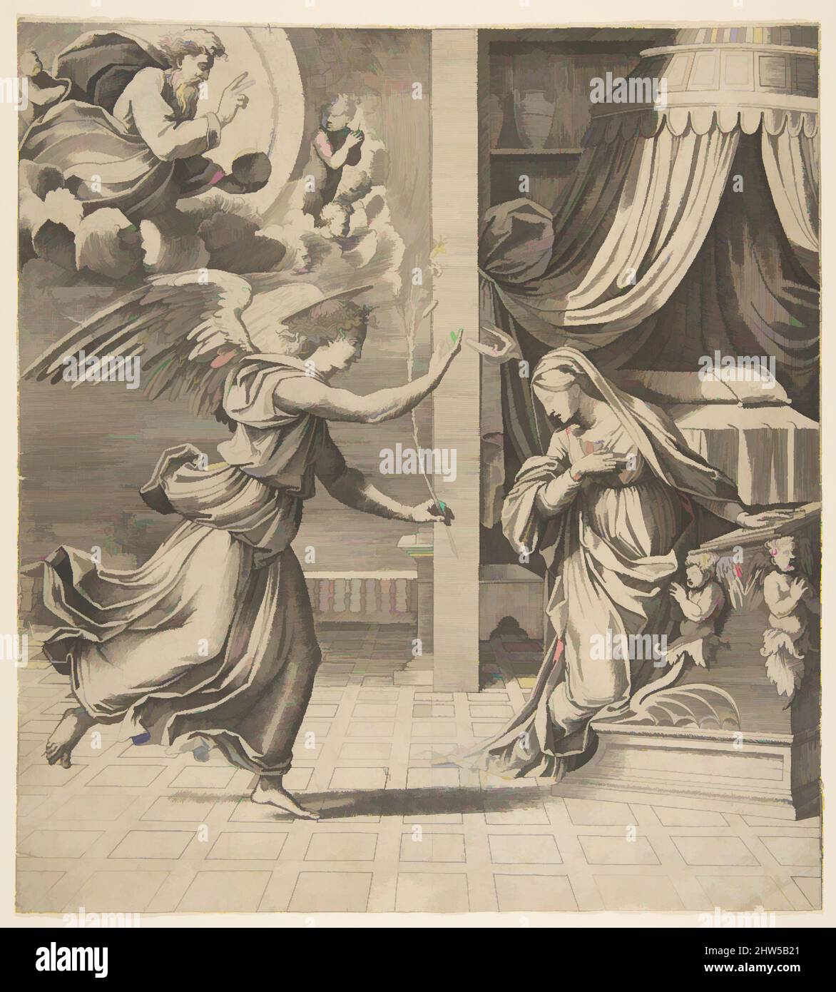 Art inspired by The Annunciation; the archangel Gabriel at left approaching the Virgin kneeling in prayer at right, God the Father in the upper left, ca. 1515–27, Engraving, Sheet (Trimmed): 11 3/8 × 10 1/4 in. (28.9 × 26.1 cm), Prints, Attributed to Marco Dente (Italian, Ravenna, Classic works modernized by Artotop with a splash of modernity. Shapes, color and value, eye-catching visual impact on art. Emotions through freedom of artworks in a contemporary way. A timeless message pursuing a wildly creative new direction. Artists turning to the digital medium and creating the Artotop NFT Stock Photo
