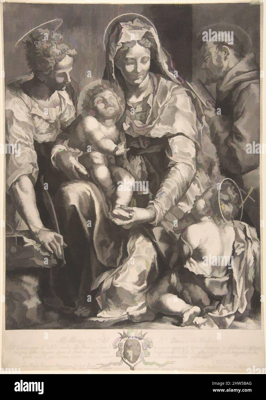Art inspired by Virgin and Child with Saint Catherine, Francis of Assisi and John the Baptist, 1620–70, Engraving, sheet: 16 1/8 x 11 7/16 in. (41 x 29.1 cm), Prints, Giovanni Battista Bonacina (Italian, Milan 1620–ca. 1670), After Andrea del Sarto (Andrea d'Agnolo) (Italian, Florence, Classic works modernized by Artotop with a splash of modernity. Shapes, color and value, eye-catching visual impact on art. Emotions through freedom of artworks in a contemporary way. A timeless message pursuing a wildly creative new direction. Artists turning to the digital medium and creating the Artotop NFT Stock Photo