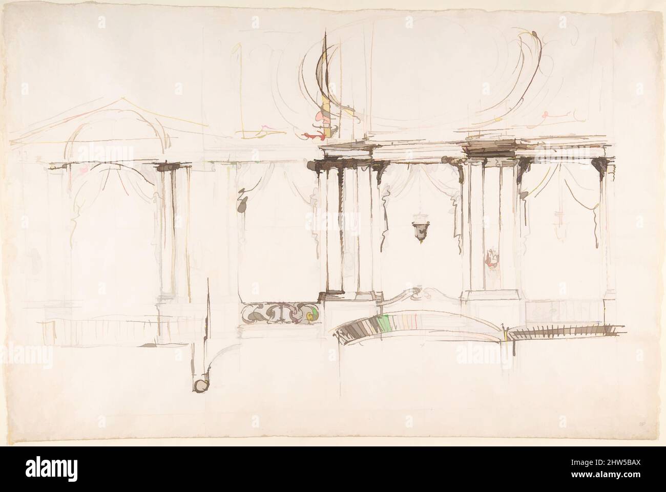 Art inspired by Design for a Theater Interior, 1700–1773, Pen and brown ink  over freehand graphite and ruled construction lines in graphite, 11-1/4 x  17-1/16 in. (28.5 x 43.3 cm), Drawings, Luigi