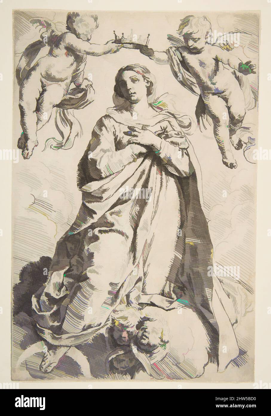 Art inspired by The Virgin being crowned by two angels, ca9, Etching, Sheet (Trimmed): 8 3/8 × 5 1/2 in. (21.2 × 14 cm), Prints, Simone Cantarini (Italian, Pesaro 1612–1648 Verona, Classic works modernized by Artotop with a splash of modernity. Shapes, color and value, eye-catching visual impact on art. Emotions through freedom of artworks in a contemporary way. A timeless message pursuing a wildly creative new direction. Artists turning to the digital medium and creating the Artotop NFT Stock Photo