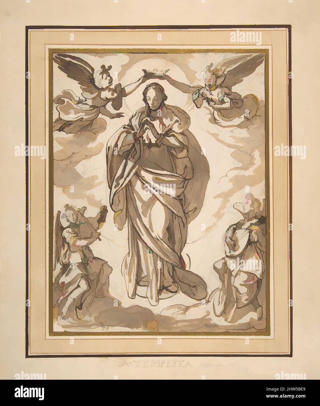 Art inspired by The Virgin Immaculate Crowned by Two Angels, with Angel Musicians in the Foreground, 1555–1630, Pen and brown ink, brown wash, over black chalk, 8 7/8 x 6 13/16in. (22.6 x 17.3cm), Drawings, Domenico Fontana (Italian, Florence 1555–1630 Rome, Classic works modernized by Artotop with a splash of modernity. Shapes, color and value, eye-catching visual impact on art. Emotions through freedom of artworks in a contemporary way. A timeless message pursuing a wildly creative new direction. Artists turning to the digital medium and creating the Artotop NFT Stock Photo