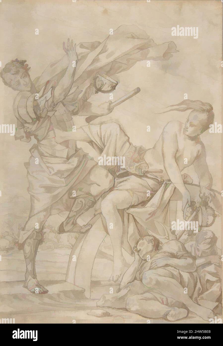 Art inspired by Allegory of Fortune, 1612–50, Pen and brown ink, brown wash, over black chalk, highlighted with white, 12 x 8 3/8in. (30.5 x 21.3cm), Drawings, attributed to Pietro Testa (Italian, Lucca 1612–1650 Rome, Classic works modernized by Artotop with a splash of modernity. Shapes, color and value, eye-catching visual impact on art. Emotions through freedom of artworks in a contemporary way. A timeless message pursuing a wildly creative new direction. Artists turning to the digital medium and creating the Artotop NFT Stock Photo