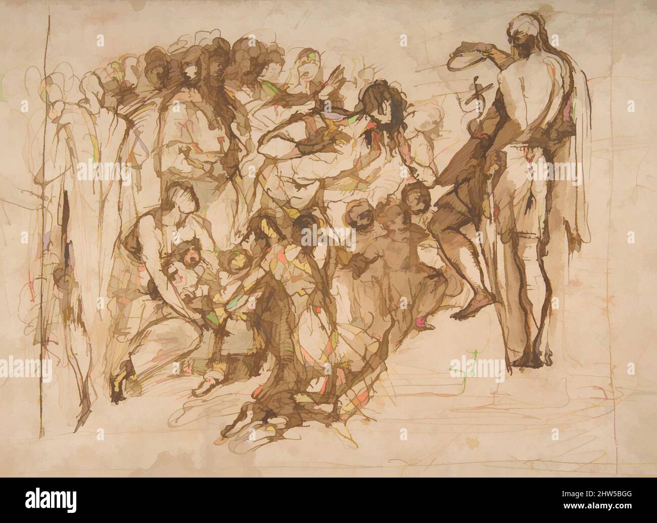 Art inspired by Saint John the Baptist Baptizing the Multitude, 1554–56, Pen and brown ink, brush and brown wash., 9 5/16 x 12 11/16in. (23.7 x 32.3cm), Drawings, Pellegrino Tibaldi (Italian, Puria di Valsolda 1527–1596 Milan), The drawing is a study for the lower half of a fresco on, Classic works modernized by Artotop with a splash of modernity. Shapes, color and value, eye-catching visual impact on art. Emotions through freedom of artworks in a contemporary way. A timeless message pursuing a wildly creative new direction. Artists turning to the digital medium and creating the Artotop NFT Stock Photo