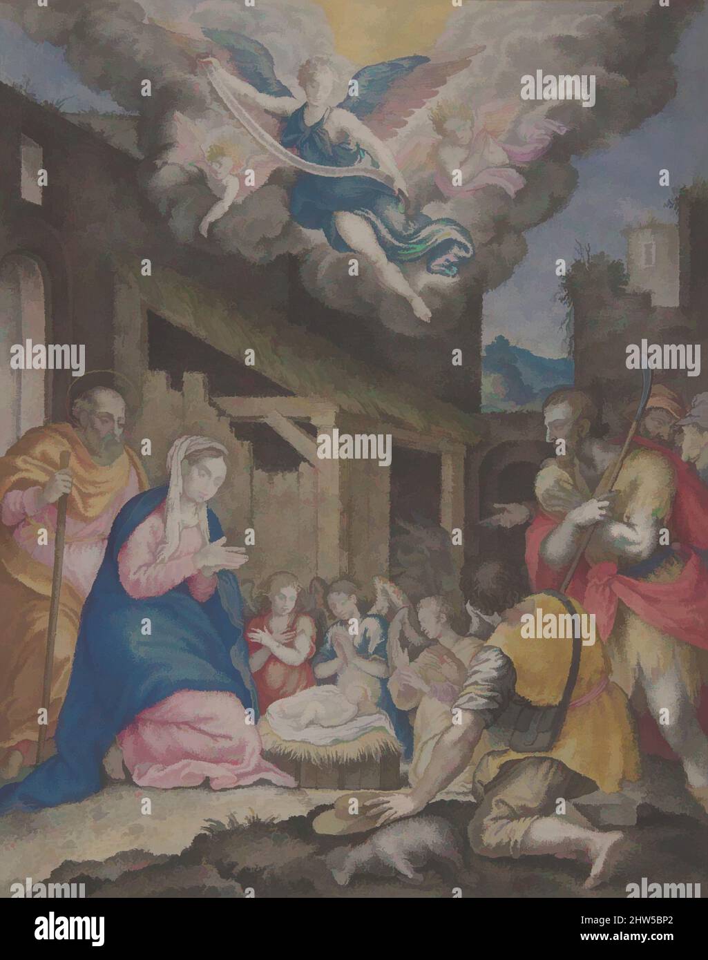 Art inspired by Adoration of the Shepherds, 1575–1600, Colored gouache on parchment, 8-11/16 x 6-7/8 in. (22 x 17.5 cm), Drawings, Anonymous, Italian, Cremonese, 16th century, Classic works modernized by Artotop with a splash of modernity. Shapes, color and value, eye-catching visual impact on art. Emotions through freedom of artworks in a contemporary way. A timeless message pursuing a wildly creative new direction. Artists turning to the digital medium and creating the Artotop NFT Stock Photo