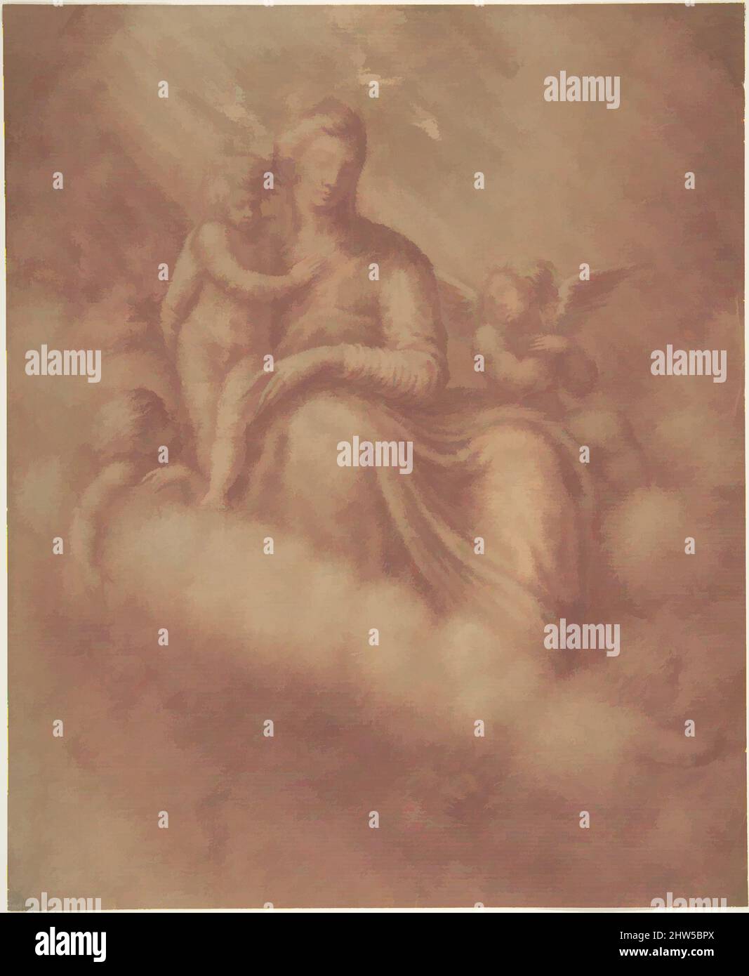Art inspired by Madonna and Child Among the Clouds, 16th century, Red chalk, stumped and blended, brush and brown wash, with traces of white gouache (?) highlighting, on cream-colored paper, 10- 3/8 x 8- 1/2 in. (26.4 x 21.6 cm), Drawings, Anonymous, Italian, 16th century (Italian, Classic works modernized by Artotop with a splash of modernity. Shapes, color and value, eye-catching visual impact on art. Emotions through freedom of artworks in a contemporary way. A timeless message pursuing a wildly creative new direction. Artists turning to the digital medium and creating the Artotop NFT Stock Photo