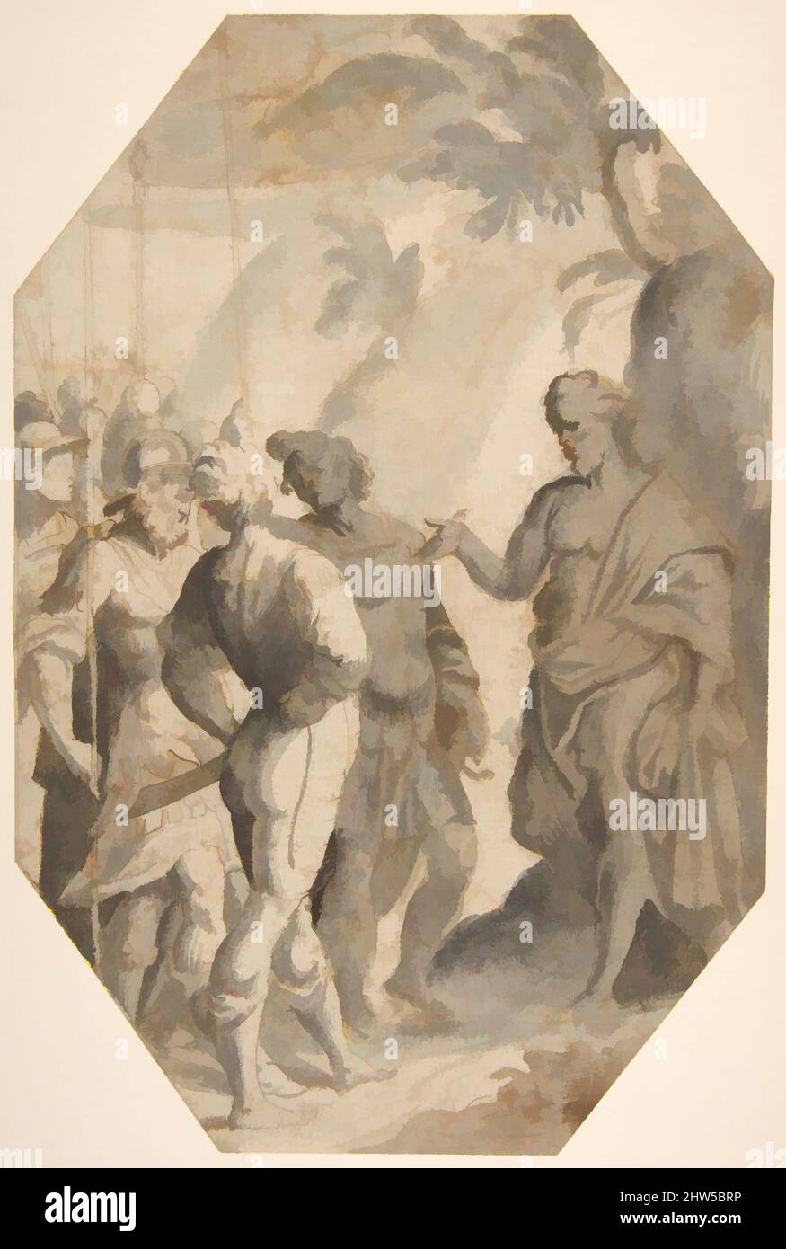Art inspired by Saint John the Baptist (?) Preaching to a Group of Soldiers, 16th century, Pen and brown ink, brown and gray wash. Octagonal, 10-1/4 x 6-13/16 in. (26.0 x 17.3 cm), Drawings, Giovanni Battista Trotti ('Il Malosso') (Italian, Cremona 1556–1619 Parma), attributed to, Classic works modernized by Artotop with a splash of modernity. Shapes, color and value, eye-catching visual impact on art. Emotions through freedom of artworks in a contemporary way. A timeless message pursuing a wildly creative new direction. Artists turning to the digital medium and creating the Artotop NFT Stock Photo