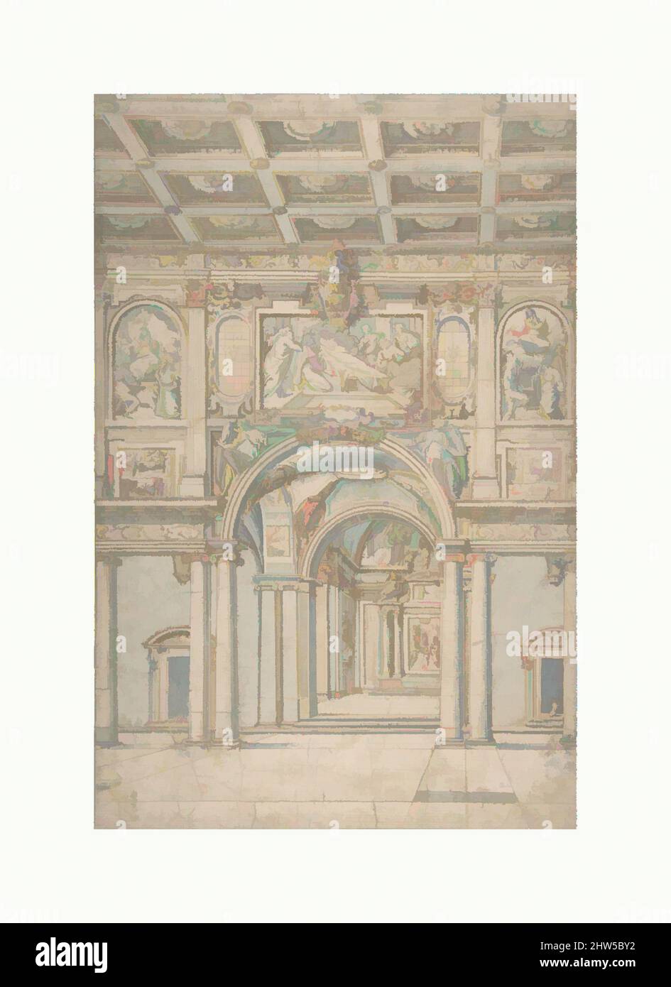 Art inspired by Study of the Interior of Santa Maria Maggiore in Rome., 1621–46, Pen and brown ink, brush with gray and blue wash, over traces of graphite, highlighted with white gouache, sheet: 15 1/8 x 9 15/16 in. (38.4 x 25.2 cm), Abbate Paolo de Angelis (Italian, 1580–1647, Classic works modernized by Artotop with a splash of modernity. Shapes, color and value, eye-catching visual impact on art. Emotions through freedom of artworks in a contemporary way. A timeless message pursuing a wildly creative new direction. Artists turning to the digital medium and creating the Artotop NFT Stock Photo