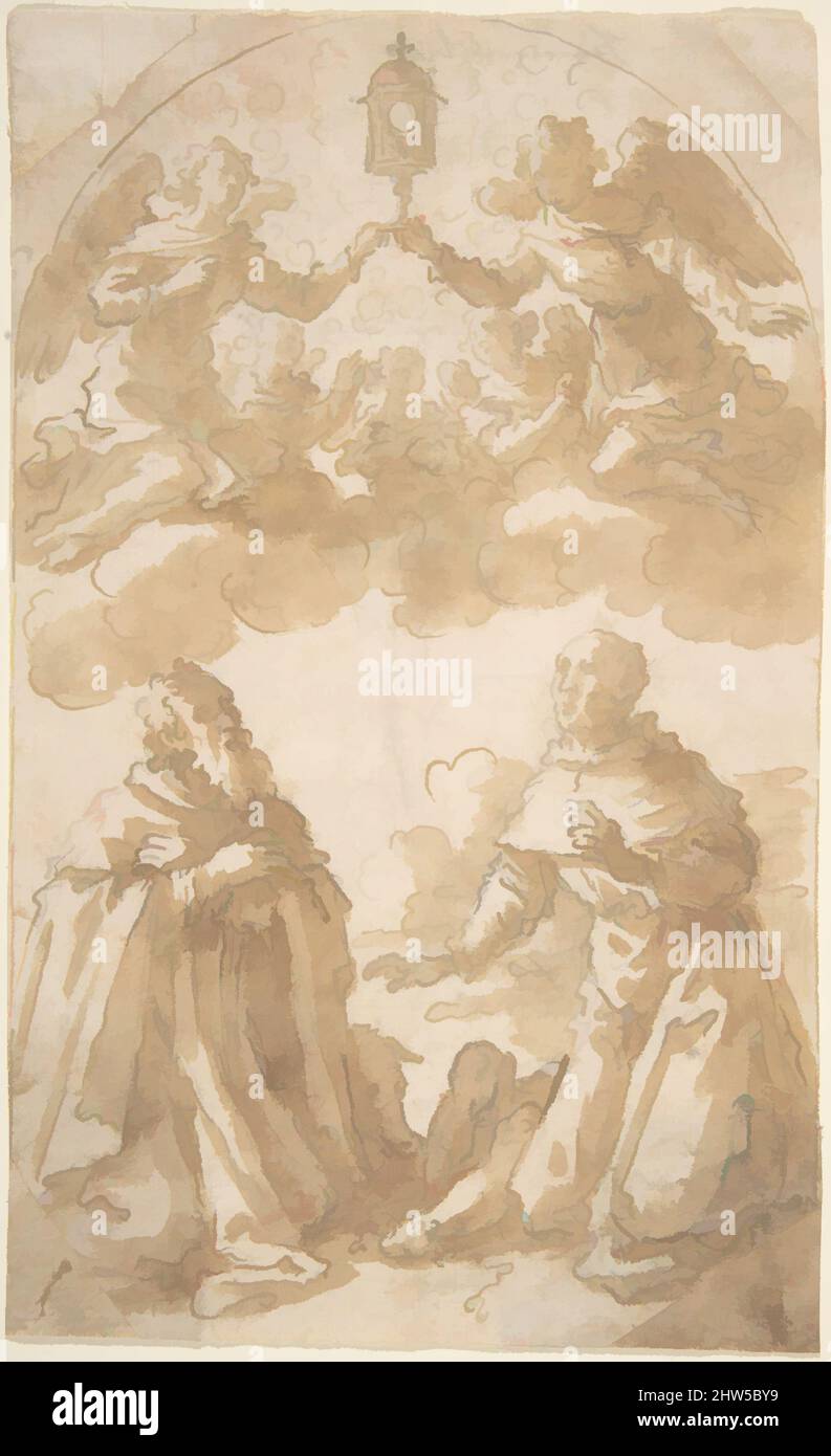 Art inspired by Two Male Saints Kneeling with Angels Holding a Reliquary., 1586–1630, Pen and brown ink, brush and brown wash over traces of black chalk or graphite, Sheet: 7 11/16 x 4 11/16 in. (19.5 x 11.9 cm), Drawings, Marcantonio Bassetti (Italian, Verona 1586–1630 Verona, Classic works modernized by Artotop with a splash of modernity. Shapes, color and value, eye-catching visual impact on art. Emotions through freedom of artworks in a contemporary way. A timeless message pursuing a wildly creative new direction. Artists turning to the digital medium and creating the Artotop NFT Stock Photo