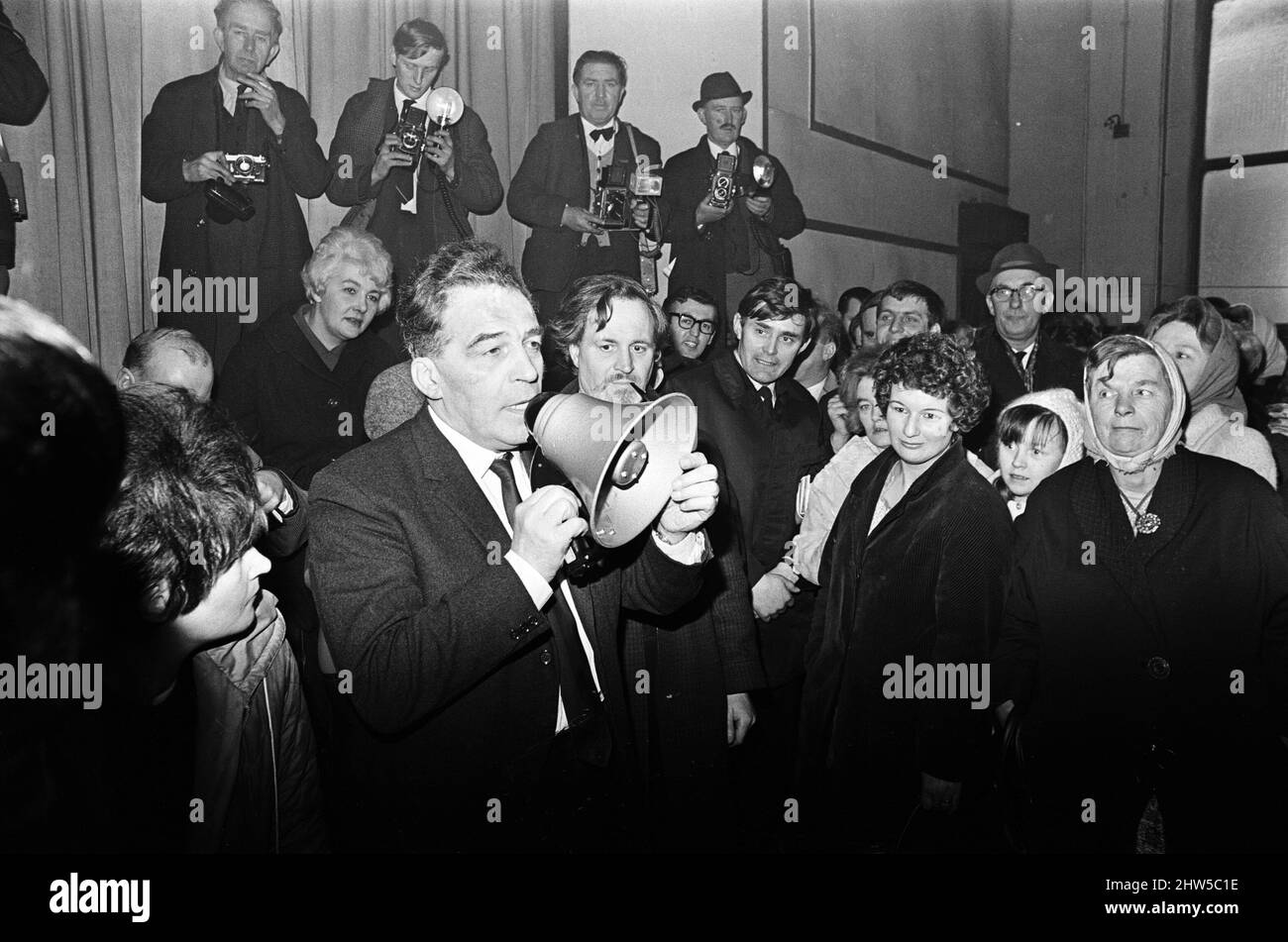 Mr James Johnston, MP for West Hull (docks area) speaking at the fisherman's wives protest meeting. Victoria Hall, Hull. The fishing industry in Hull is hit by tragedy with the sinking of trawlers from the fishing port of Kingston upon Hull. 2nd February 1968. Stock Photo