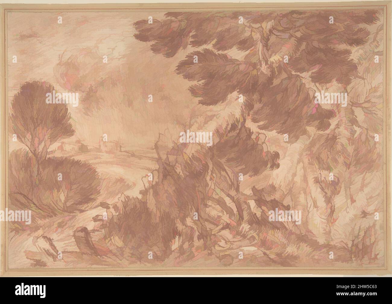 Art inspired by Landscape, 18th century, Red chalk, 12 x 8-3/16 in. (30.5 x 20.8 cm), Drawings, Anonymous, Italian, first half of the 18th century, Classic works modernized by Artotop with a splash of modernity. Shapes, color and value, eye-catching visual impact on art. Emotions through freedom of artworks in a contemporary way. A timeless message pursuing a wildly creative new direction. Artists turning to the digital medium and creating the Artotop NFT Stock Photo