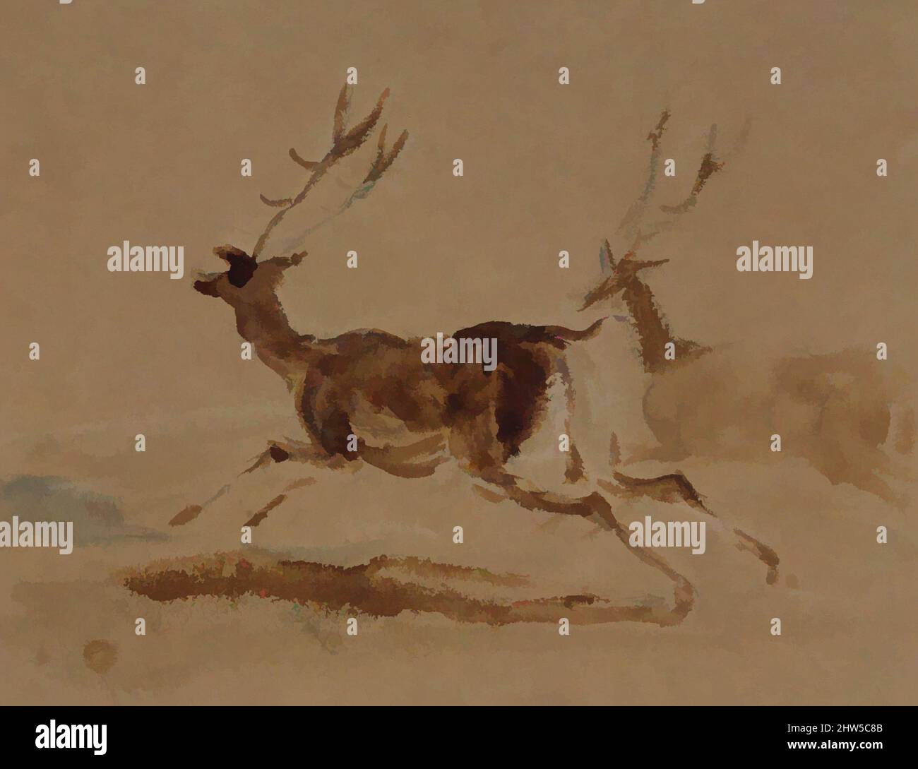 Art inspired by Two Stags Running, 1820–73, Brush and brown wash over graphite, Overall: 4 3/16 x 5 7/16in. (10.7 x 13.8cm), Drawings, Sir Edwin Henry Landseer (British, London 1802–1873 London, Classic works modernized by Artotop with a splash of modernity. Shapes, color and value, eye-catching visual impact on art. Emotions through freedom of artworks in a contemporary way. A timeless message pursuing a wildly creative new direction. Artists turning to the digital medium and creating the Artotop NFT Stock Photo