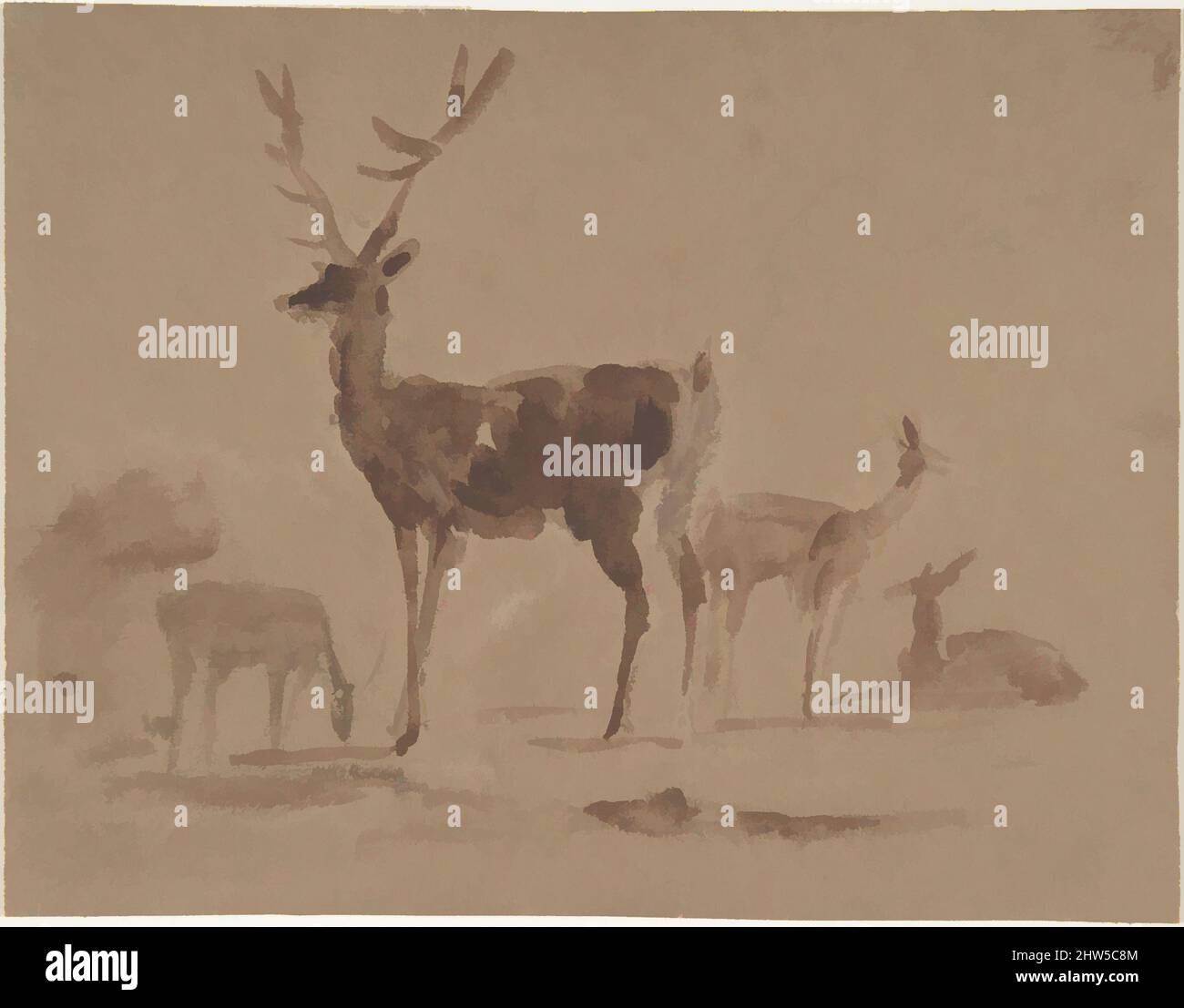 Art inspired by Stag and Its Young, 1820–73, Brush and brown wash over graphite, sheet: 4 1/8 x 5 3/8 in. (10.5 x 13.6 cm), Drawings, Sir Edwin Henry Landseer (British, London 1802–1873 London, Classic works modernized by Artotop with a splash of modernity. Shapes, color and value, eye-catching visual impact on art. Emotions through freedom of artworks in a contemporary way. A timeless message pursuing a wildly creative new direction. Artists turning to the digital medium and creating the Artotop NFT Stock Photo