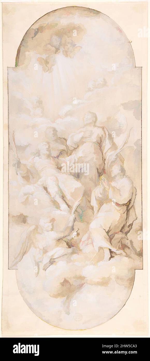 Art inspired by Apotheosis of Four Martyred Saints (Four Crowned Martyrs?), 17th century, Pen and brown ink, washed with brown ink and white. Ceiling design with semi-circular ends, 14-3/4 x 6-1/8 in. (37.5 x 15.6 cm), Drawings, Antonio Cavallucci (Italian, Sermoneta 1752–1795 Rome, Classic works modernized by Artotop with a splash of modernity. Shapes, color and value, eye-catching visual impact on art. Emotions through freedom of artworks in a contemporary way. A timeless message pursuing a wildly creative new direction. Artists turning to the digital medium and creating the Artotop NFT Stock Photo