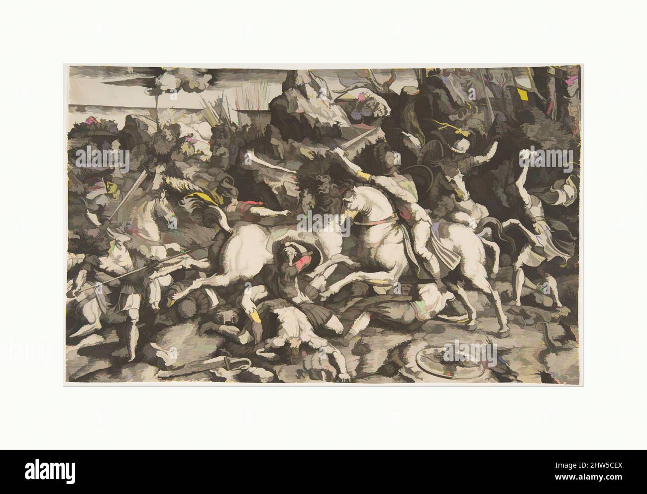 Art inspired by Battle scene in a landscape with soldiers on horseback and several fallen men, another group of riders in the background, ca. 1520, Engraving, Sheet (Trimmed): 8 7/8 × 14 1/4 in. (22.5 × 36.2 cm), Prints, Marco Dente (Italian, Ravenna, active by 1515–died 1527 Rome, Classic works modernized by Artotop with a splash of modernity. Shapes, color and value, eye-catching visual impact on art. Emotions through freedom of artworks in a contemporary way. A timeless message pursuing a wildly creative new direction. Artists turning to the digital medium and creating the Artotop NFT Stock Photo