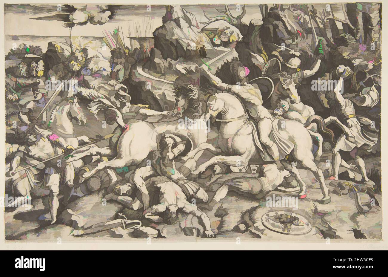 Art inspired by Battle scene in a landscape with soldiers on horseback and several fallen men, another group of riders in the background, ca. 1520, Engraving, Sheet (Trimmed): 9 1/16 × 14 1/4 in. (23 × 36.2 cm), Prints, Marco Dente (Italian, Ravenna, active by 1515–died 1527 Rome, Classic works modernized by Artotop with a splash of modernity. Shapes, color and value, eye-catching visual impact on art. Emotions through freedom of artworks in a contemporary way. A timeless message pursuing a wildly creative new direction. Artists turning to the digital medium and creating the Artotop NFT Stock Photo