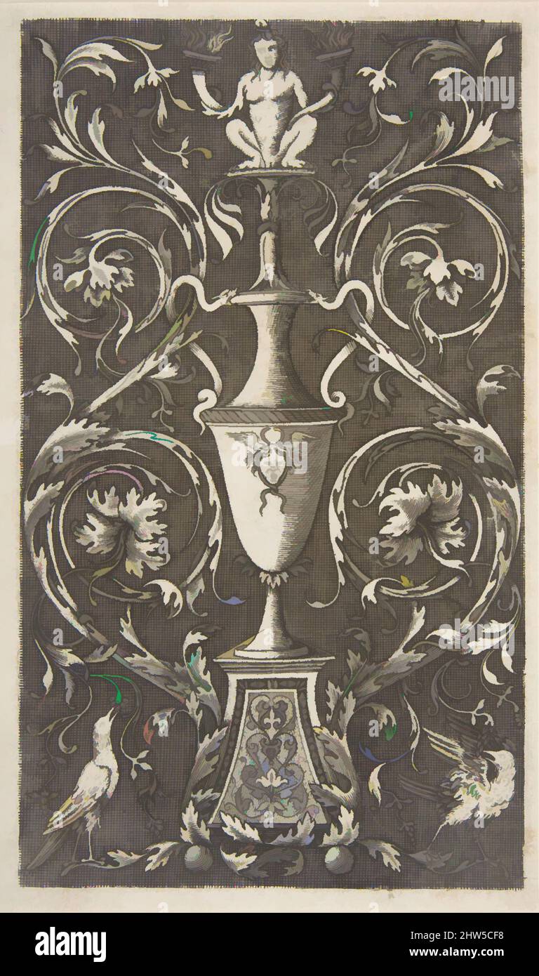 Art inspired by Grotesque with a vase, birds and acanthus scrolls, ca. 1515–1600, Engraving, Sheet: 8 11/16 × 5 3/16 in. (22 × 13.2 cm), Prints, Anonymous, Italian, 16th to early 17th century, After Marco Dente (Italian, Ravenna, active by 1515–died 1527 Rome, Classic works modernized by Artotop with a splash of modernity. Shapes, color and value, eye-catching visual impact on art. Emotions through freedom of artworks in a contemporary way. A timeless message pursuing a wildly creative new direction. Artists turning to the digital medium and creating the Artotop NFT Stock Photo