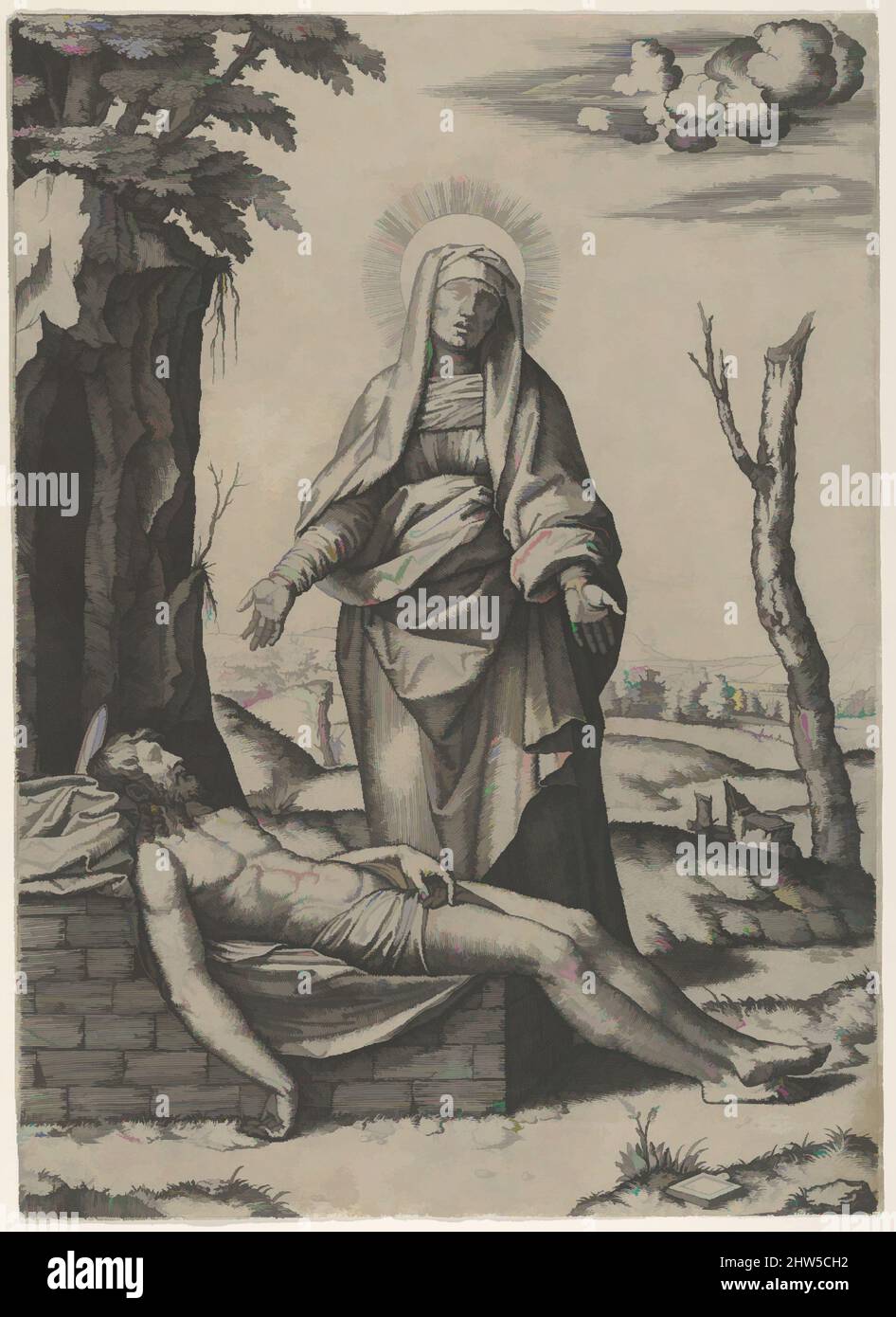 Art inspired by The Pietà: the Virgin standing over the dead Christ, her hands outspread, ca. 1515–17, Engraving, 11 15/16 x 8 9/16 in. (30.4 x 21.8 cm), Prints, Marcantonio Raimondi (Italian, Argini (?) ca. 1480–before 1534 Bologna (?)), After Raphael (Raffaello Sanzio or Santi) (, Classic works modernized by Artotop with a splash of modernity. Shapes, color and value, eye-catching visual impact on art. Emotions through freedom of artworks in a contemporary way. A timeless message pursuing a wildly creative new direction. Artists turning to the digital medium and creating the Artotop NFT Stock Photo