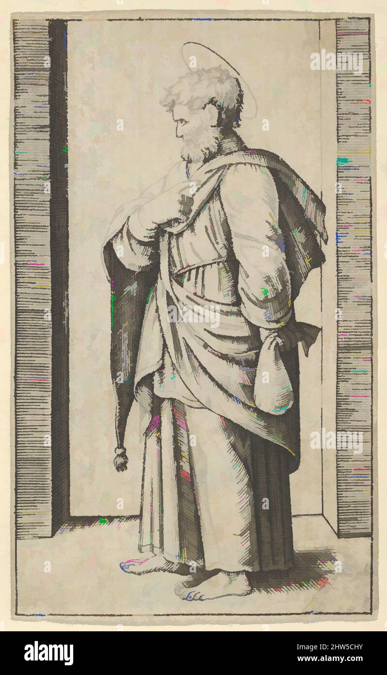 Art inspired by Saint Matthew, a small sack in his left hand, from the series 'Piccoli Santi' (Small Saints), ca. 1500–1527, Engraving, 3 1/8 x 1 7/8 in. (8.0 x 4.8 cm), Prints, Marcantonio Raimondi (Italian, Argini (?) ca. 1480–before 1534 Bologna (?)), Designed by Raphael (Raffaello, Classic works modernized by Artotop with a splash of modernity. Shapes, color and value, eye-catching visual impact on art. Emotions through freedom of artworks in a contemporary way. A timeless message pursuing a wildly creative new direction. Artists turning to the digital medium and creating the Artotop NFT Stock Photo