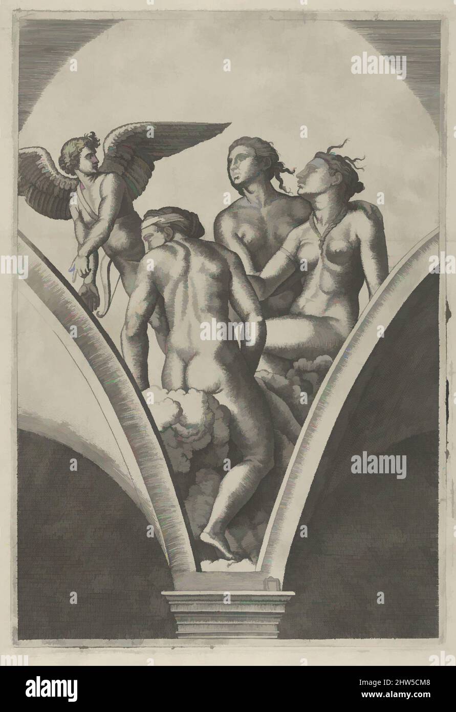 Art inspired by The Three Graces sitting on clouds, cupid at the left, after Raphael's fresco in the Chigi Gallery of the Villa Farnesina in Rome, ca. 1517–20, Engraving, 12 3/16 x 8 3/8 in. (31.0 x 21.3 cm), Prints, Marcantonio Raimondi (Italian, Argini (?) ca. 1480–before 1534, Classic works modernized by Artotop with a splash of modernity. Shapes, color and value, eye-catching visual impact on art. Emotions through freedom of artworks in a contemporary way. A timeless message pursuing a wildly creative new direction. Artists turning to the digital medium and creating the Artotop NFT Stock Photo
