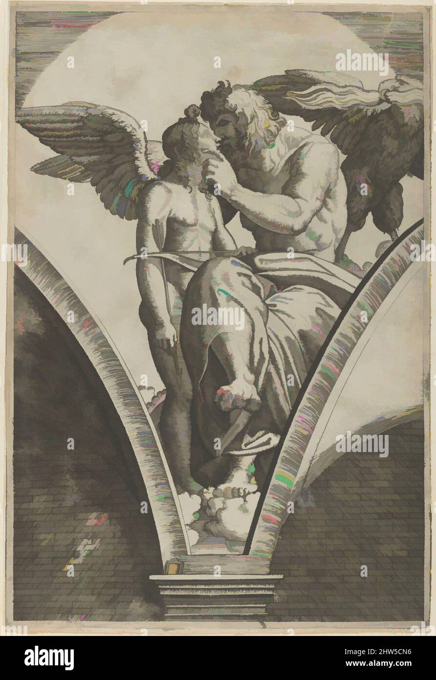 Art inspired by Jupiter embracing Cupid after Raphael's fresco in the Chigi Gallery of the Villa Farnesina in Rome, ca. 1517–20, Engraving, 12 1/2 x 8 7/8 in. (31.8 x 22.5 cm), Prints, Marcantonio Raimondi (Italian, Argini (?) ca. 1480–before 1534 Bologna (?)), Designed by Raphael (, Classic works modernized by Artotop with a splash of modernity. Shapes, color and value, eye-catching visual impact on art. Emotions through freedom of artworks in a contemporary way. A timeless message pursuing a wildly creative new direction. Artists turning to the digital medium and creating the Artotop NFT Stock Photo