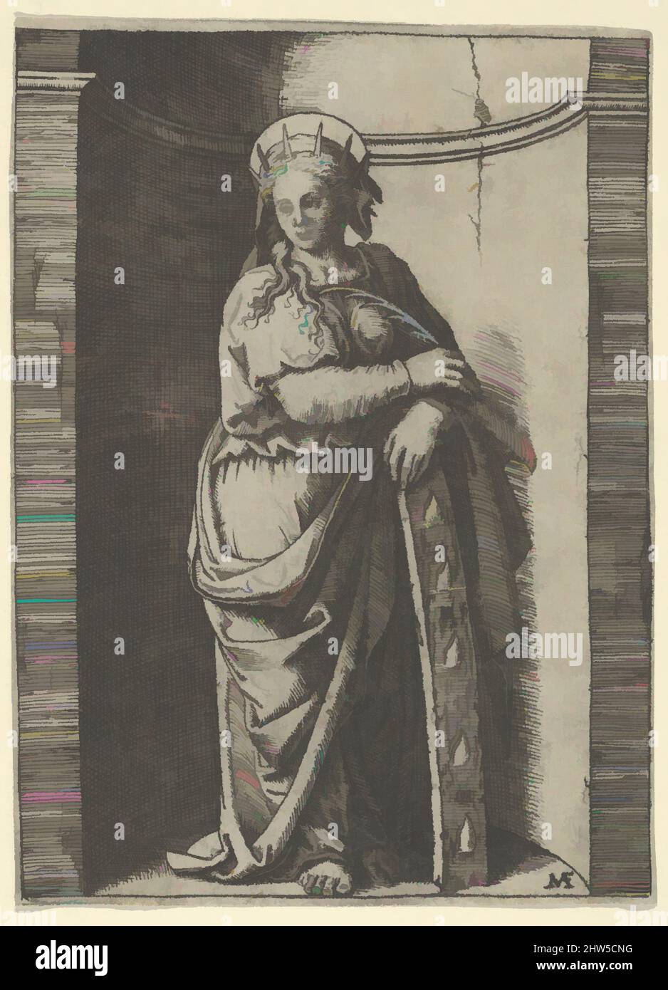 Art inspired by Saint Catherine standing in a niche, resting on a wheel, her instrument of torture, ca. 1500–1527, Engraving, 4 1/8 x 3 1/16 in. (10.5 x 7.8 cm), Prints, Marcantonio Raimondi (Italian, Argini (?) ca. 1480–before 1534 Bologna (?)), Designed by Francesco Francia (Italian, Classic works modernized by Artotop with a splash of modernity. Shapes, color and value, eye-catching visual impact on art. Emotions through freedom of artworks in a contemporary way. A timeless message pursuing a wildly creative new direction. Artists turning to the digital medium and creating the Artotop NFT Stock Photo