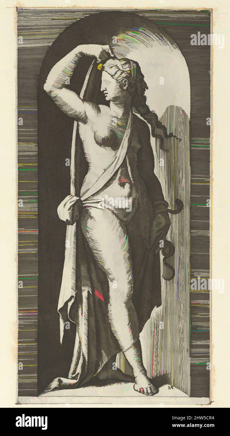 Art inspired by Prudence personified by a woman standing in a niche, holding a shawl in her right hand, a snake coiled around her, left from 'The Virtues', ca. 1515–25, Engraving, 8 11/16 x 4 1/4 in. (22.0 x 10.8 cm), Prints, Marcantonio Raimondi (Italian, Argini (?) ca. 1480–before, Classic works modernized by Artotop with a splash of modernity. Shapes, color and value, eye-catching visual impact on art. Emotions through freedom of artworks in a contemporary way. A timeless message pursuing a wildly creative new direction. Artists turning to the digital medium and creating the Artotop NFT Stock Photo