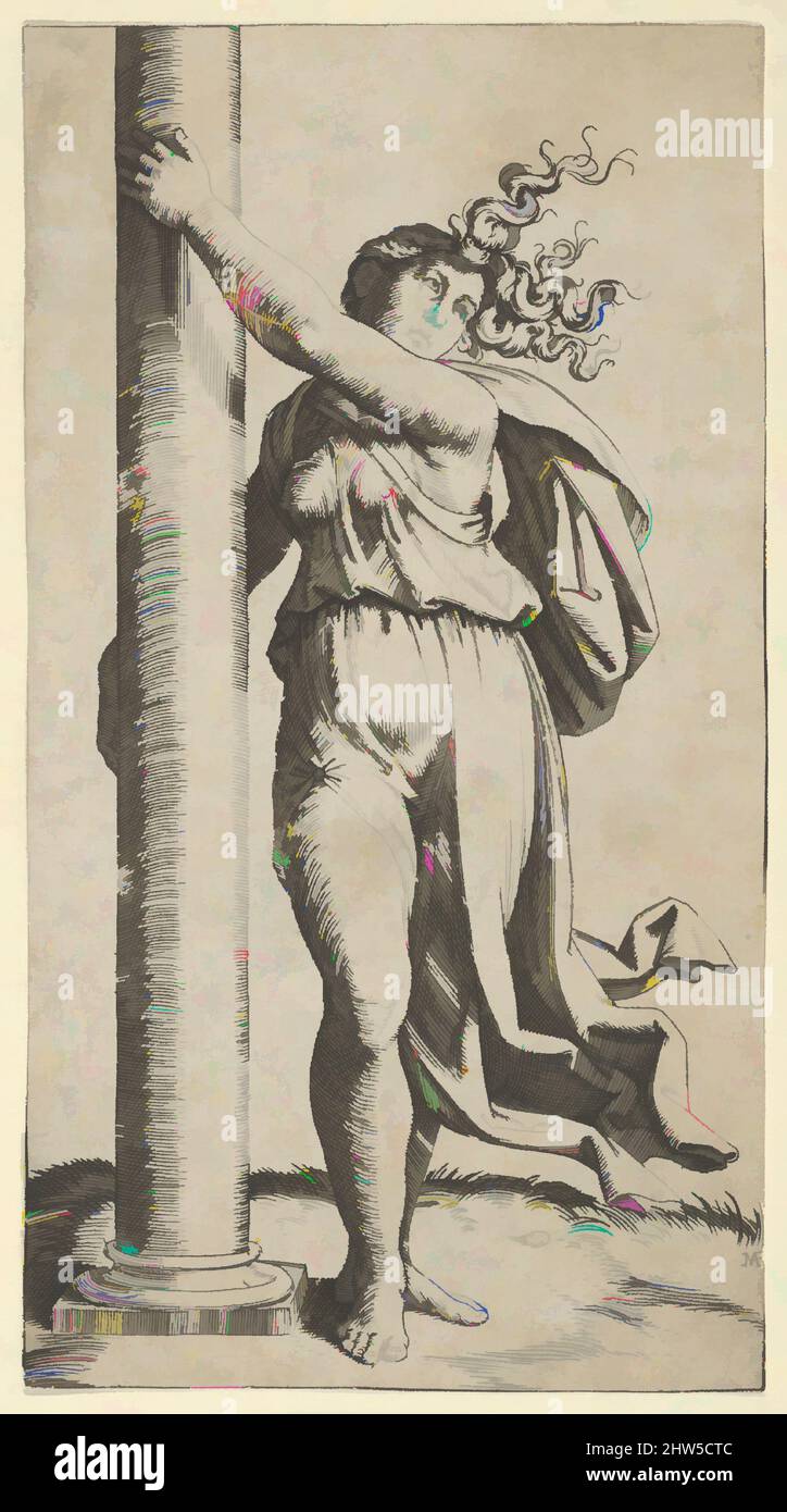 Art inspired by A young woman personifying Force or Strength holding a column, ca. 1517–27, Engraving, Sheet: 5 1/4 × 2 7/8 in. (13.3 × 7.3 cm), Prints, Marcantonio Raimondi (Italian, Argini (?) ca. 1480–before 1534 Bologna, Classic works modernized by Artotop with a splash of modernity. Shapes, color and value, eye-catching visual impact on art. Emotions through freedom of artworks in a contemporary way. A timeless message pursuing a wildly creative new direction. Artists turning to the digital medium and creating the Artotop NFT Stock Photo