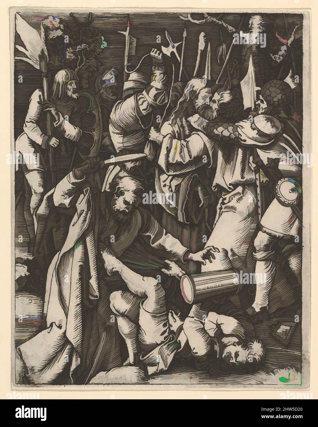 Art inspired by Judas kissing Christ surrounded by soldiers; St Peter attacking Malchus in foreground, after Dürer, ca. 1500–1534, Engraving; third state of three, Sheet: 5 1/16 in. × 4 in. (12.9 × 10.1 cm), Prints, Marcantonio Raimondi (Italian, Argini (?) ca. 1480–before 1534 Bologna, Classic works modernized by Artotop with a splash of modernity. Shapes, color and value, eye-catching visual impact on art. Emotions through freedom of artworks in a contemporary way. A timeless message pursuing a wildly creative new direction. Artists turning to the digital medium and creating the Artotop NFT Stock Photo
