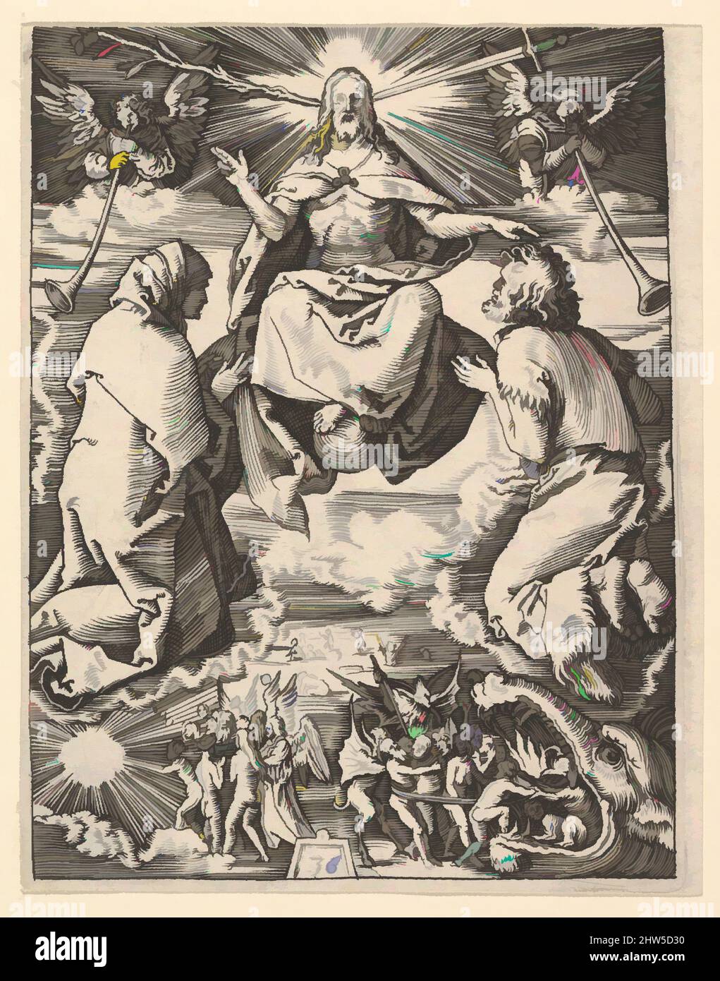 Art inspired by The Last Judgment; Christ with lily and sword at top, flanked by Virgin and St John the Baptist interceeding on behalf of the humans below, after Dürer, ca. 1500–1534, Engraving; third state of three, Sheet: 5 1/16 × 3 15/16 in. (12.8 × 10 cm), Prints, Marcantonio, Classic works modernized by Artotop with a splash of modernity. Shapes, color and value, eye-catching visual impact on art. Emotions through freedom of artworks in a contemporary way. A timeless message pursuing a wildly creative new direction. Artists turning to the digital medium and creating the Artotop NFT Stock Photo