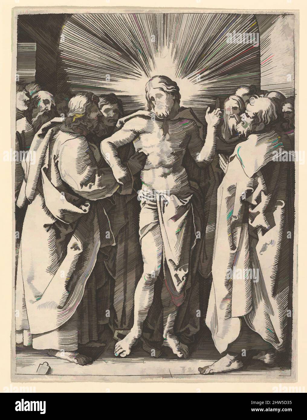 Art inspired by The Doubting Thomas; Christ among his disciples, Saint Thomas touching Christ's wound, after Dürer, ca. 1500–1534, Engraving; second state of three, Sheet: 5 1/16 × 3 15/16 in. (12.9 × 10 cm), Prints, Marcantonio Raimondi (Italian, Argini (?) ca. 1480–before 1534, Classic works modernized by Artotop with a splash of modernity. Shapes, color and value, eye-catching visual impact on art. Emotions through freedom of artworks in a contemporary way. A timeless message pursuing a wildly creative new direction. Artists turning to the digital medium and creating the Artotop NFT Stock Photo