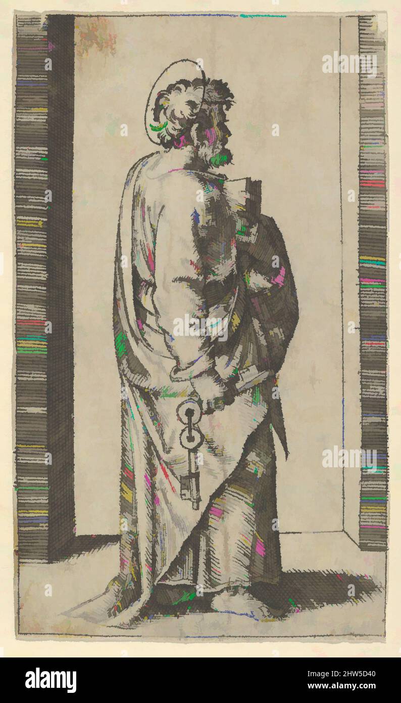Art inspired by Saint Peter, keys in right hand, book in left, facing right, from the series 'Piccoli Santi' (Small Saints), ca. 1500–1527, Engraving, 3 1/4 x 1 15/16 in. (8.2 x 4.9 cm), Prints, Marcantonio Raimondi (Italian, Argini (?) ca. 1480–before 1534 Bologna (?)), After Raphael, Classic works modernized by Artotop with a splash of modernity. Shapes, color and value, eye-catching visual impact on art. Emotions through freedom of artworks in a contemporary way. A timeless message pursuing a wildly creative new direction. Artists turning to the digital medium and creating the Artotop NFT Stock Photo