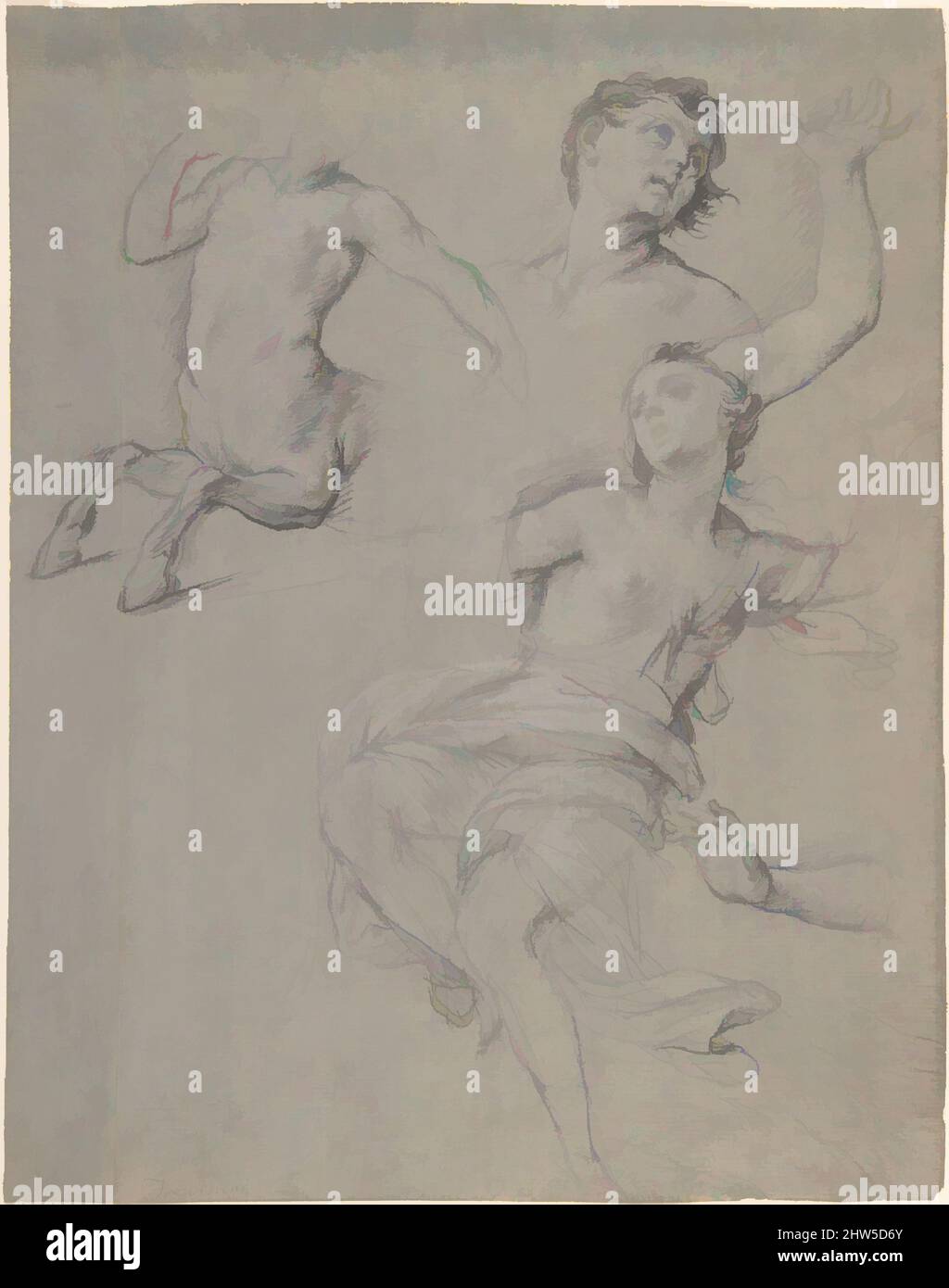Art inspired by Studies for the Figure of a Centaur and a Nymph, 1708–17, Black chalk, highlighted with white chalk, on blue-gray washed paper, 14-15/16 x 12-5/16 in. (38.0 x 31.2 cm), Drawings, Francesco Trevisani (Italian, Capodistria 1656–1746 Rome, Classic works modernized by Artotop with a splash of modernity. Shapes, color and value, eye-catching visual impact on art. Emotions through freedom of artworks in a contemporary way. A timeless message pursuing a wildly creative new direction. Artists turning to the digital medium and creating the Artotop NFT Stock Photo