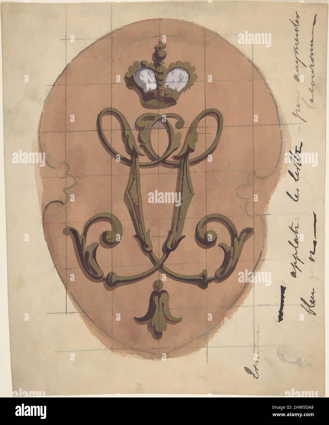 Art inspired by Design for a Monogram Surmounted by a Crown, 19th century, Pen and black ink, 8 1/4 x 6 3/4 in. (21.0 x 17.1 cm), Drawings, Charles Monblond (French, 19th century, Classic works modernized by Artotop with a splash of modernity. Shapes, color and value, eye-catching visual impact on art. Emotions through freedom of artworks in a contemporary way. A timeless message pursuing a wildly creative new direction. Artists turning to the digital medium and creating the Artotop NFT Stock Photo