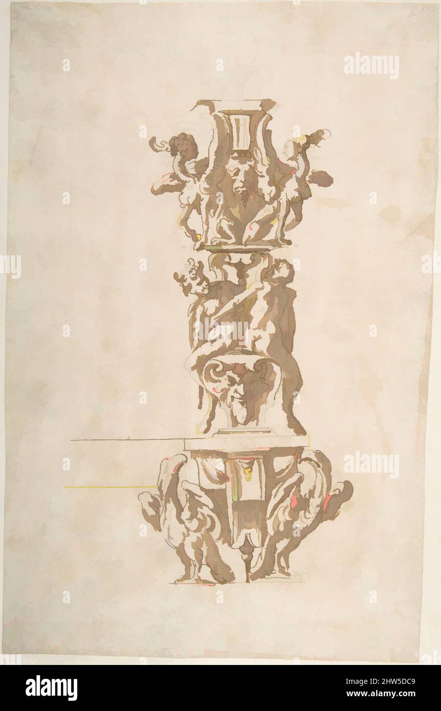 Art inspired by Ornamental Design with Eagles and Mythological Figures, 16th century, Pen and brown ink, brush and brown wash, over leadpoint, 11-7/16 x 7-5/16 in. (29.1 x 18.6 cm), Anonymous, Italian or Spanish, 16th century, Classic works modernized by Artotop with a splash of modernity. Shapes, color and value, eye-catching visual impact on art. Emotions through freedom of artworks in a contemporary way. A timeless message pursuing a wildly creative new direction. Artists turning to the digital medium and creating the Artotop NFT Stock Photo