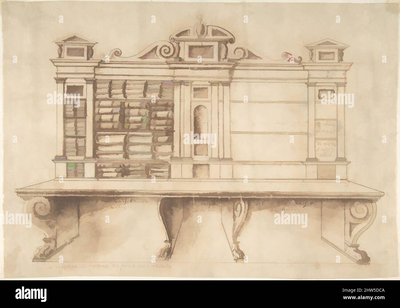 Art inspired by Design for a Bookcase with Writing Desk, ca. 1550–70, Pen and brown ink, brush and brown wash, over leadpoint, 8-3/4 x 12-1/2 in. (22.2 x 31.8 cm), Anonymous, Italian, 16th century (Italian, active Central Italy, ca. 1550–1580), This design combines a case for book, Classic works modernized by Artotop with a splash of modernity. Shapes, color and value, eye-catching visual impact on art. Emotions through freedom of artworks in a contemporary way. A timeless message pursuing a wildly creative new direction. Artists turning to the digital medium and creating the Artotop NFT Stock Photo