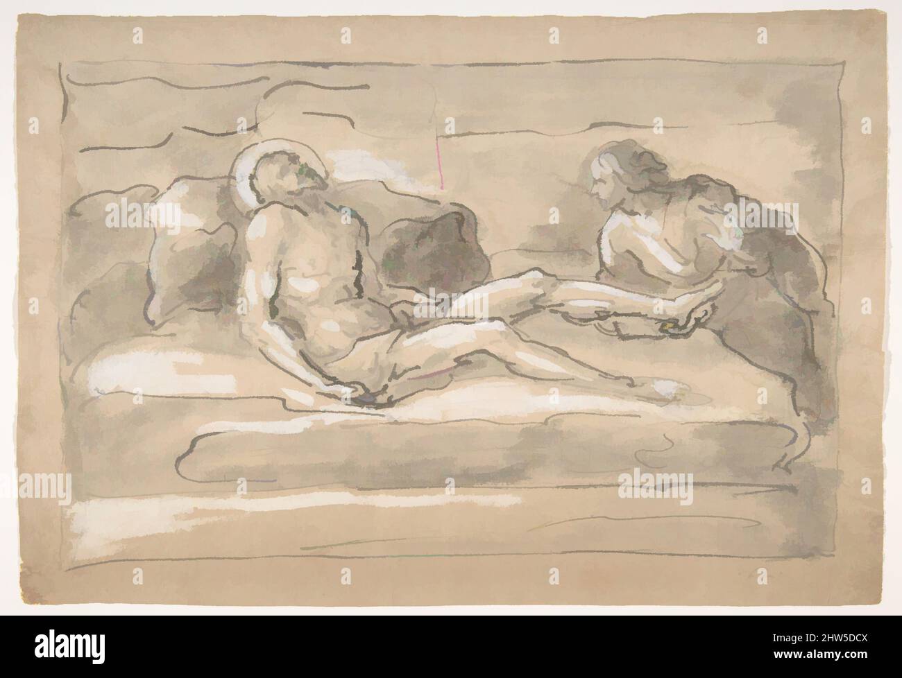 Art inspired by The Dead Christ Mourned by the Magdalen Who Venerates the Wounds on His Feet, 1787–1863, Pen and brown ink, brush and gray-brown wash, highlighted with white gouache, 8 3/4 × 12 1/4 in. (22.2 × 31.1 cm), Drawings, Fortunato Duranti (Italian, 1787–1863, Classic works modernized by Artotop with a splash of modernity. Shapes, color and value, eye-catching visual impact on art. Emotions through freedom of artworks in a contemporary way. A timeless message pursuing a wildly creative new direction. Artists turning to the digital medium and creating the Artotop NFT Stock Photo
