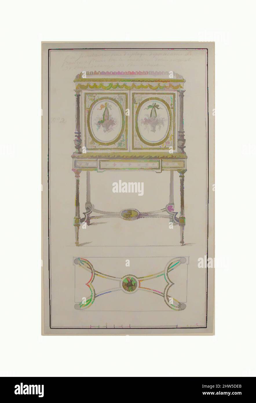Art inspired by Design for an Upright Drop-Front Secretary, ca. 1780, Pen and black ink, brush and gray and colored wash. Framing lines in pen and ink., 15 1/2 x 9 1/16 in. (39.4 x 23.0 cm), Drawings, Anonymous, French, 18th century, Classic works modernized by Artotop with a splash of modernity. Shapes, color and value, eye-catching visual impact on art. Emotions through freedom of artworks in a contemporary way. A timeless message pursuing a wildly creative new direction. Artists turning to the digital medium and creating the Artotop NFT Stock Photo