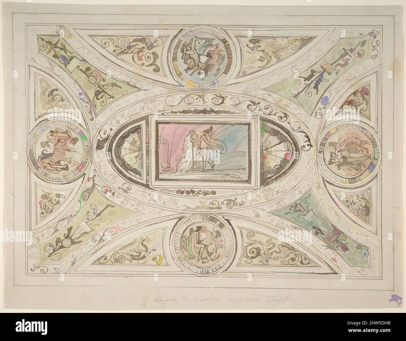 Art inspired by Design for a Ceiling with Decoration Related to Virgil's Sixth Canto, 1758–1823, Pen and brown ink, brush and yellow, pink, blue and green wash over traces of leadpoint; vertical line in leadpoint through thr center to create the symmetry of the drawing and to other, Classic works modernized by Artotop with a splash of modernity. Shapes, color and value, eye-catching visual impact on art. Emotions through freedom of artworks in a contemporary way. A timeless message pursuing a wildly creative new direction. Artists turning to the digital medium and creating the Artotop NFT Stock Photo