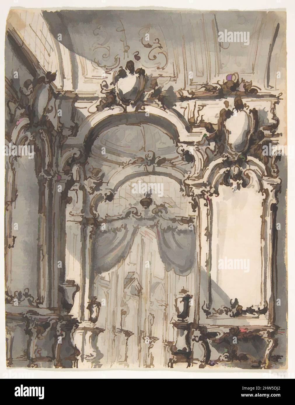 Art inspired by Design for a Stage Set: Interior of a Palazzo Decorated  with Large Mirrors and Console Tables, 1698–1765, Pen and brown ink, brush  with brown and gray wash, 5 1/8