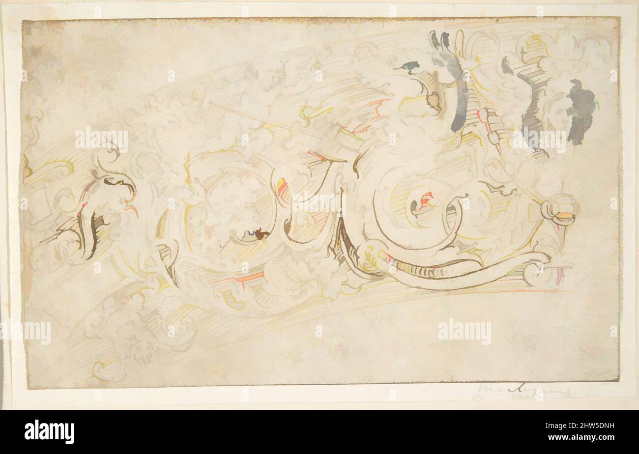 Art inspired by Part of a Circular Frieze with a Sphynx and a Putto with a Hybrid Creature, 1500–1700, Pen and brown ink, with isolated strokes of brush and gray wash, Overall: 3 7/8 x 6 1/4 in. (9.8 x 15.8 cm), Anonymous, Italian, 16th to 17th century, Classic works modernized by Artotop with a splash of modernity. Shapes, color and value, eye-catching visual impact on art. Emotions through freedom of artworks in a contemporary way. A timeless message pursuing a wildly creative new direction. Artists turning to the digital medium and creating the Artotop NFT Stock Photo