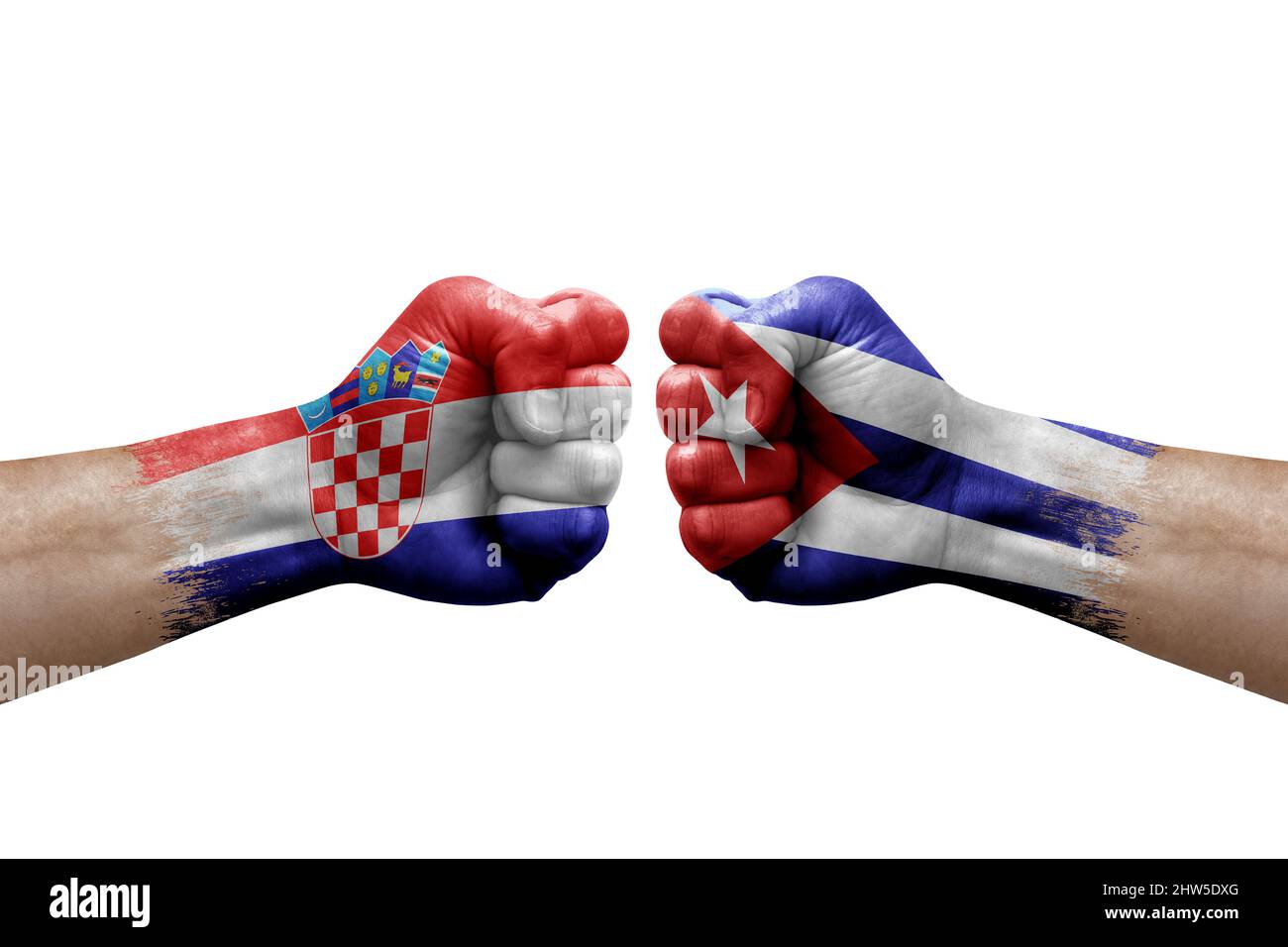 Two hands punch to each others on white background. Country flags painted fists, conflict crisis concept between croatia and cuba Stock Photo