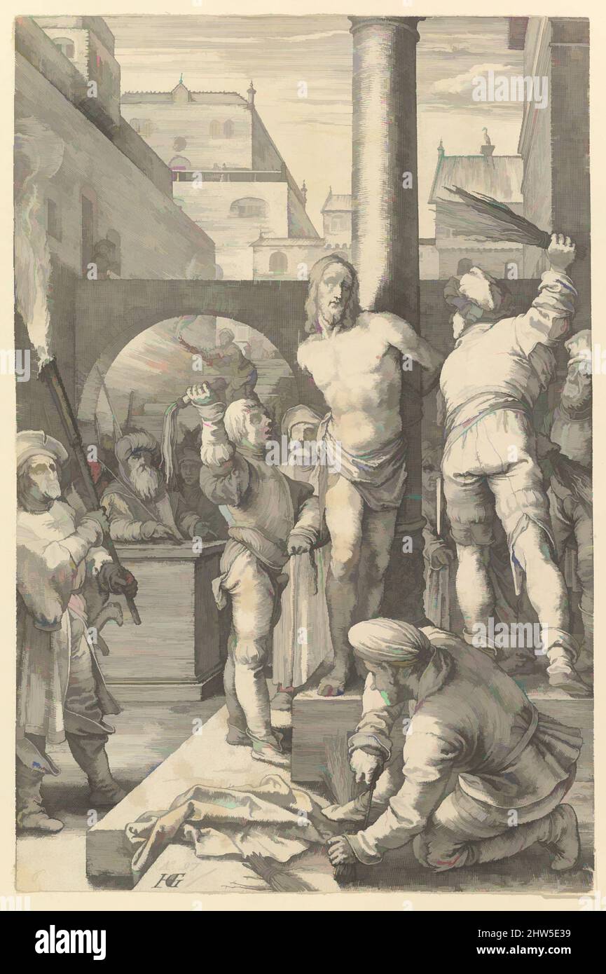 Art inspired by The Flagellation, from The Passion of Christ, 1597, Engraving, Sheet: 7 11/16 × 5 3/16 in. (19.6 × 13.1 cm), Prints, Hendrick Goltzius (Netherlandish, Mühlbracht 1558–1617 Haarlem), Between 1596 and 1598 Goltzius engraved this series of twelve prints illustrating the, Classic works modernized by Artotop with a splash of modernity. Shapes, color and value, eye-catching visual impact on art. Emotions through freedom of artworks in a contemporary way. A timeless message pursuing a wildly creative new direction. Artists turning to the digital medium and creating the Artotop NFT Stock Photo