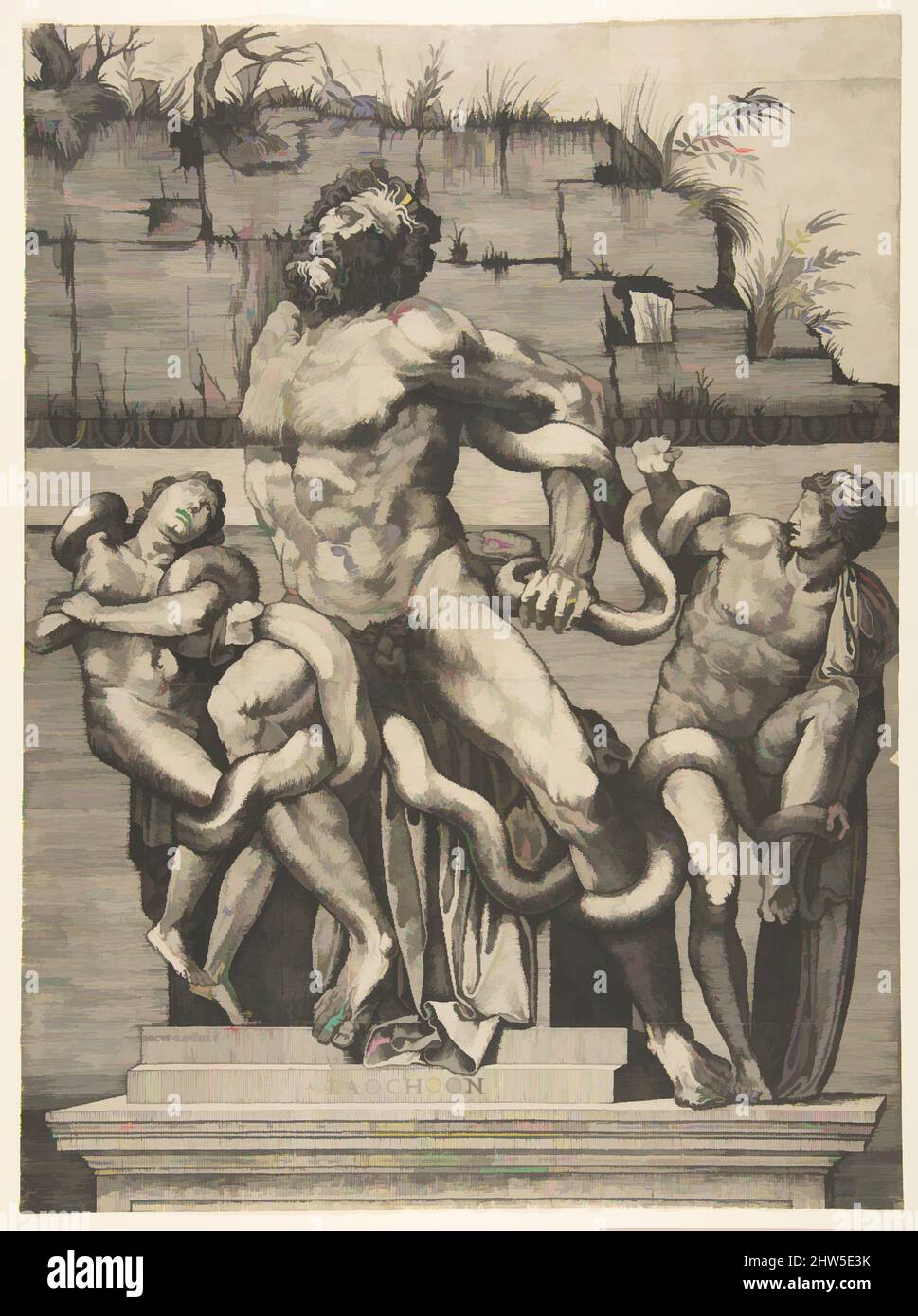 Art inspired by Laocoön and his two sons standing on a pedestal and being attacked by serpents, set before a decaying wall, ca. 1515–27, Engraving, Sheet (Trimmed): 17 7/16 × 12 15/16 in. (44.3 × 32.9 cm), Prints, Marco Dente (Italian, Ravenna, active by 1515–died 1527 Rome), After, Classic works modernized by Artotop with a splash of modernity. Shapes, color and value, eye-catching visual impact on art. Emotions through freedom of artworks in a contemporary way. A timeless message pursuing a wildly creative new direction. Artists turning to the digital medium and creating the Artotop NFT Stock Photo