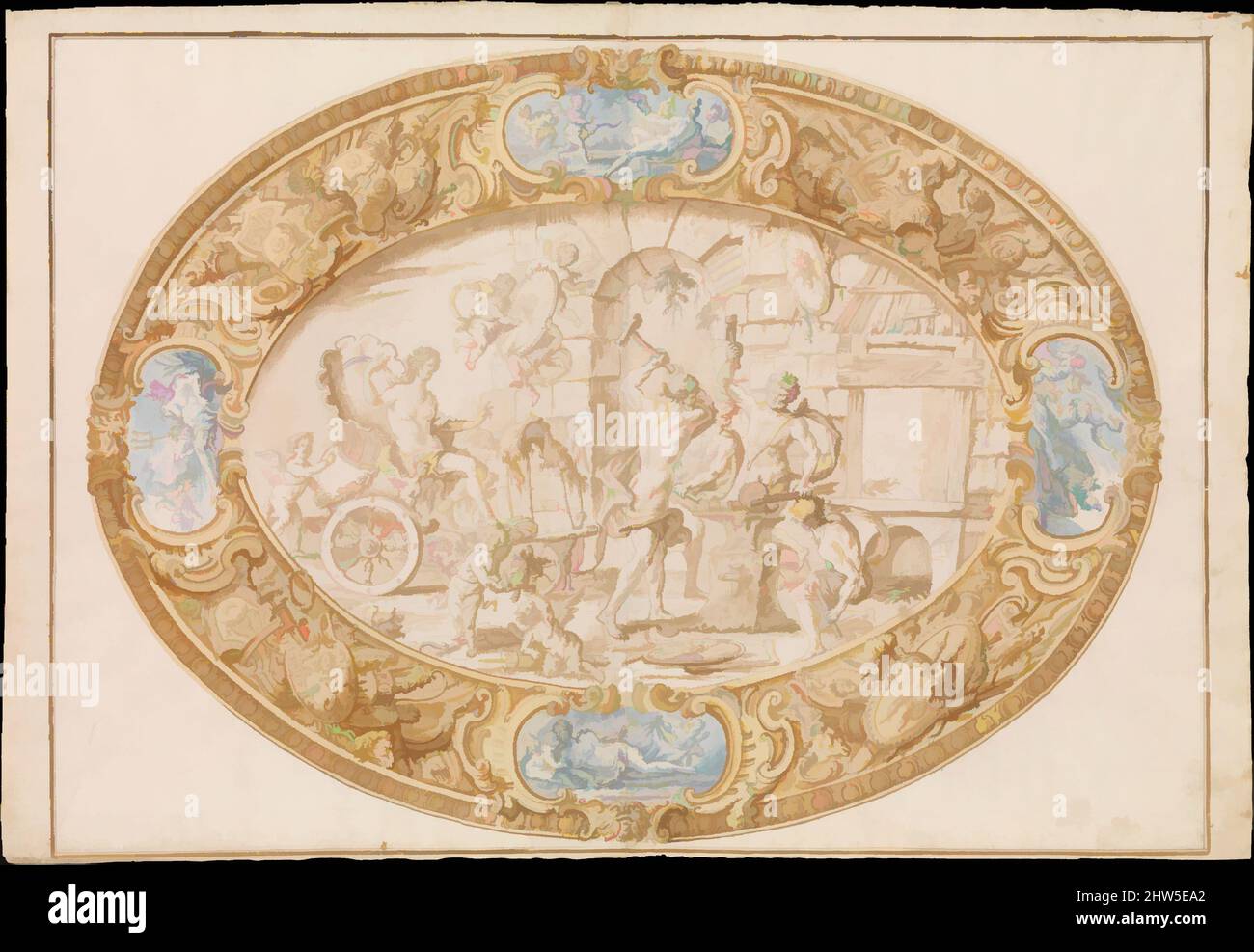Art inspired by Design (Full-Scale Working Drawing) for a Large Oval Silver Dish with Silver Gilt Border Showing Vulcan's Forge, 1646–1722, Pen and brown ink, brush and brown wash, yellow and blue watercolor over black chalk. Framing lines in pen and brown ink. On two glued sheets, Classic works modernized by Artotop with a splash of modernity. Shapes, color and value, eye-catching visual impact on art. Emotions through freedom of artworks in a contemporary way. A timeless message pursuing a wildly creative new direction. Artists turning to the digital medium and creating the Artotop NFT Stock Photo