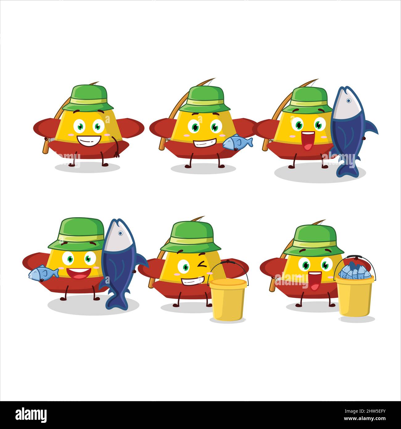 A fisherman yellow chinese hat cartoon picture catch a big fish. Vector ...
